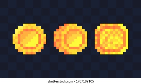 Pixel art gold coin. Retro game style. Vector illustration.