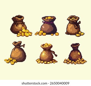 Pixel Art Moedas de Ouro Sacks Coleção, Tesouro e Recompensa Ícones. Coleção de seis sacos de arte de pixel distintos preenchidos com moedas de ouro brilhantes arte de pixel