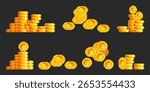 Pixel art gold coin stacks in retro 8 bit style - shiny yellow treasure piles with various heights on dark background for arcade game currency, video game loot or digital reward system graphics.