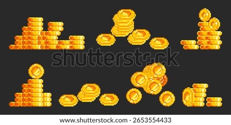 Pixel art gold coin stacks in retro 8 bit style - shiny yellow treasure piles with various heights on dark background for arcade game currency, video game loot or digital reward system graphics.