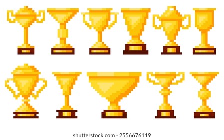 Pixel art gold cups. Retro 8 bit video game style. Winner rewards. Golden trophies. 80s design goblets. App assets. Arcade win champion. Leadership challenge. Victory