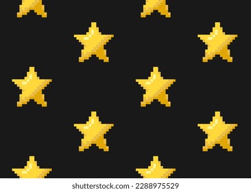 Pixel art gold star seamless pattern. 8-bit retro video game style vector background.