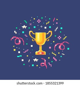 Pixel Art Gold Winner Cup With Confetti Burst. Vector Illustration.