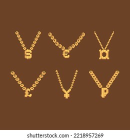 Pixel art golden chain accessories set. Dollar, euro, pound, ruble, yen, universal currency symbol amulets. Isolated thug life rap money icon set