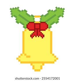 Pixel art golden Christmas bell with holly Vector