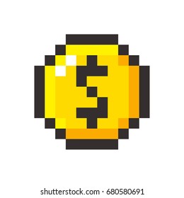 Pixel art golden coin dollar retro video game