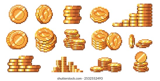 Pixel art golden coins. Retro 8bit gold coin stacks and piles, digital money and financial savings or cashback pixelated video game vector illustrations set.