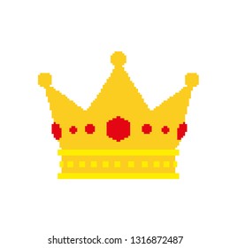 Pixel art golden crown with jewels isolated on white background