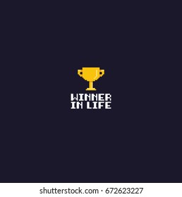 Pixel art golden goblet and winner in life text on dark background