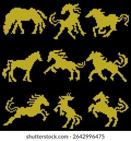 Pixel Art Golden Horse Collection Retro 8-bit Pixelated Equine