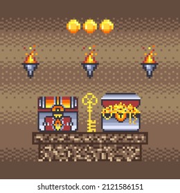 Llave dorada de arte de Pixel y cofres de tesoros con oro y gemas sobre fondo de mazmorra. 8 bits caza de tesoros fantasía de videojuegos en ubicación medieval con antorchas quemadas y monedas de RPG.