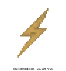 Pixel art golden lightning bolt icon. Perfect for 2D games, thunder spells, energy effects, or UI elements. Retro 8-bit style with transparent background for seamless game asset use.