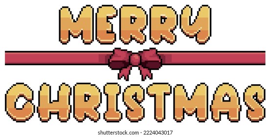Pixel art golden merry christmas text with red ribbon and bow vector icon for 8bit game on white background
