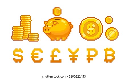 Pixel Art golden Piggy Bank with coins icons. World currency pixel icon set. Save money. Financial investment or the concept of saving money. Isolated vector illustration in retro 8-bit game style