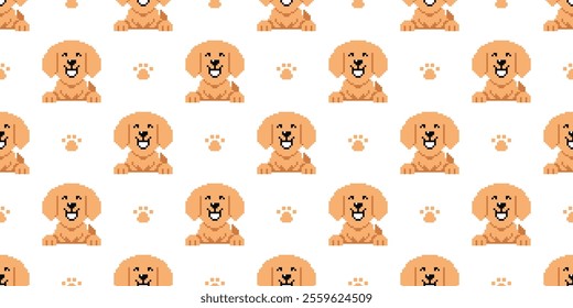 Pixel art golden retriever dog seamless pattern background for design.