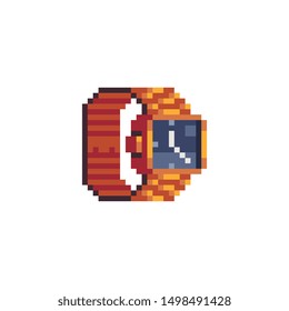 Pixel art golden wrist watches icon. Design for logo, sticker and mobile app. Poster, picture cartoon flat style. Isolated vector illustration. 