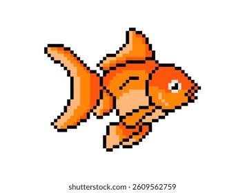 Pixel art of Goldfish. Pixelated yellow fish icon. 