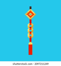 Pixel art good luck amulet icon. Vector 8 bit style illustration of asian lucky keychain amulet. Isolated red and gold holiday chinese decorative traditional element of retro video game graphic.