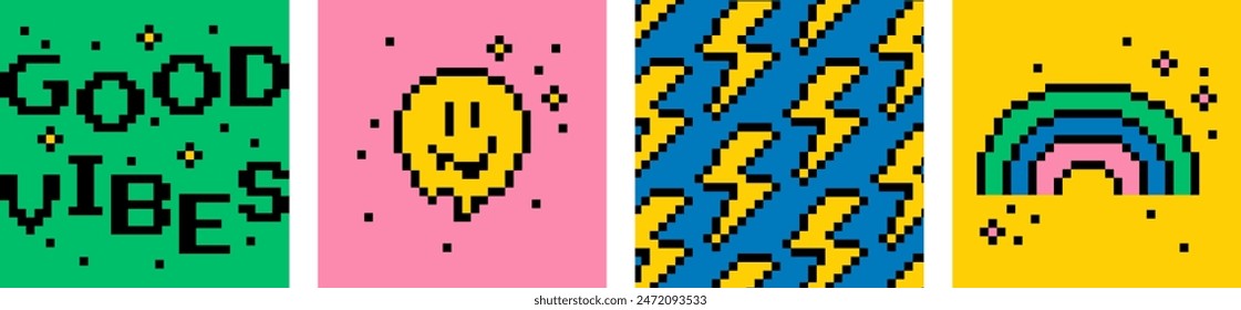 Pixel art. Good vibes collection. Rainbow. Melting smile. Colorful design. Summer icon set. Y2k trendy playful pixelated stickers. Mood of 90's aesthetics. 8-bit retro style vector illustration