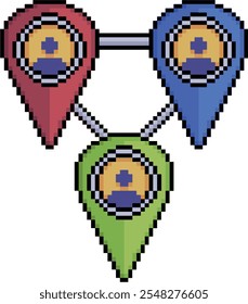 Pixel art de pinos GPS conectados a indivíduos no estilo de 8 bits no fundo branco