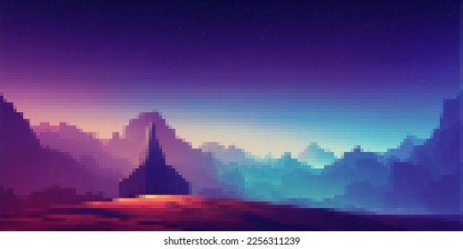 Pixel art gradient background and blue mountains   sky