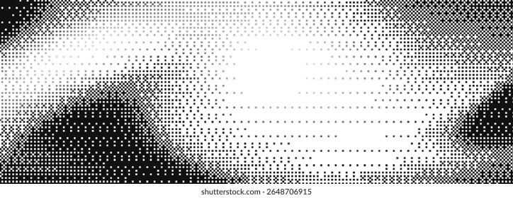 Pixel art gradient background for retro game design - black to white halftone transition with dotted pattern. Classic 8 bit style texture for vintage gaming interface or digital artwork projects.