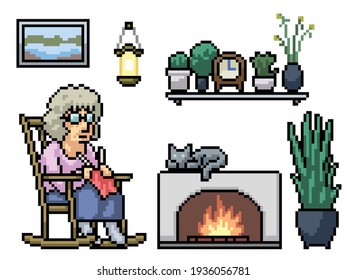 pixel art of grandma kniting relax