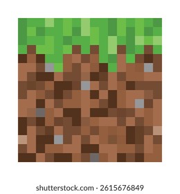 Pixel art grass and dirt block isolated on white. Ground texture game cube vector craft template