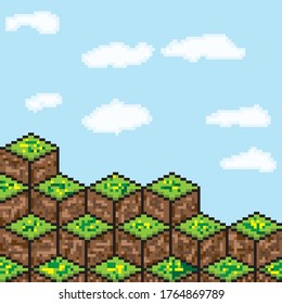 Pixel art grass and soil blocks. Vector picture. 3d pixel art.