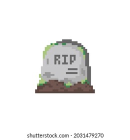 Pixel art grave. Pixel gravestone, with text rip. Halloween decorative pixel art tomb. Vector grave illustration.