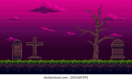 Pixel Art Friedhof Landschaft. Friedhof nahtlosen Hintergrund für 8-Bit-Videospiel.