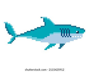 Pixel art great white shark isolated on white background. Aquatic animal predator in 8 bit retro game style.