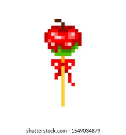 Pixel art green candy apple covered in red caramel on a stick decorated with ribbon bow isolated on white. 8 bit funfair, autumn festival, harvest market,  Halloween party treat. Sweet fruit dessert.