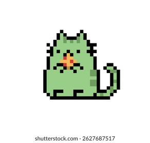 pixel art green cat pose eating pizza on white background