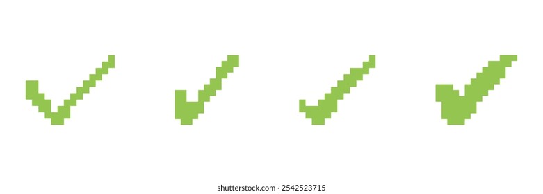 Marcas de Seleção Verde Pixel Art Definidas em Várias Formas. Coleção de Símbolos de Validação e Confirmação. Êxito e Sinal de Aprovação. Ilustração de vetor isolada.