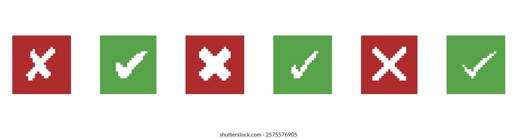 Pixel Art Green Check Marks and Red X Icons Set in Squares. Approval and Rejection Symbol in UI Design. Correct and Wrong Indicators. Isolated Vector Illustration.