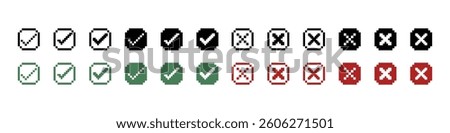 Pixel Art Green Check Marks and Red Cross Icons in Circle Shapes.Pixel check mark icons. Pixel art check mark simple design. Pixelated tick icons. Checkmark pixel art style vector icons.