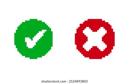 Pixel Art Green Check y el icono de la Cruz Roja para la Aprobación y el rechazo en el diseño de la interfaz de usuario. Indicadores correctos e incorrectos. Símbolo de Aprobación y rechazo. Ilustración vectorial aislada.