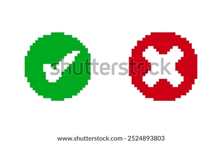 Pixel Art Green Check and Red Cross Icon for Approval and Rejection in UI Design. Correct and Wrong Indicators. Approval and Rejection Symbol. Isolated Vector Illustration.