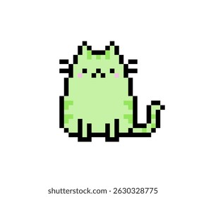 Pixel art green cute cat sitting pose. pixel art cat, pet, animal.
