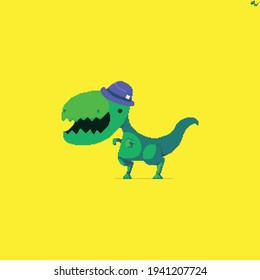 Pixel art green dinosaur with cute hat with tiny flower on yellow background