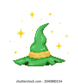 Pixel art green druid Hat on a white background. Retro pixel druid or mage hat illustration in 8 bit style. Halloween decoration sprite. 90s style pixel isolated green wizard hat with stars around.