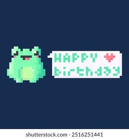 pixel art of a green frog with a banner that says happy birthday.