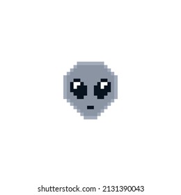 Pixel art green and gray cartoon alien character. 8 bit pixel alien. vector illustration. UFO. Creature. Face. Cartoon. 