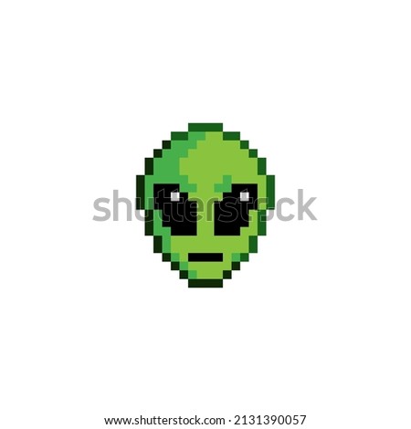 Pixel art green and gray cartoon alien character. 8 bit pixel alien. vector illustration. UFO. Creature. Face. Cartoon. 