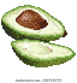 Pixel art green half avocado icon. Pixelated retro vegetable icon isolated on white background. 8 bit or 16 bit style avocado with seed for game or web design. Vector tropical fruit, healthy food