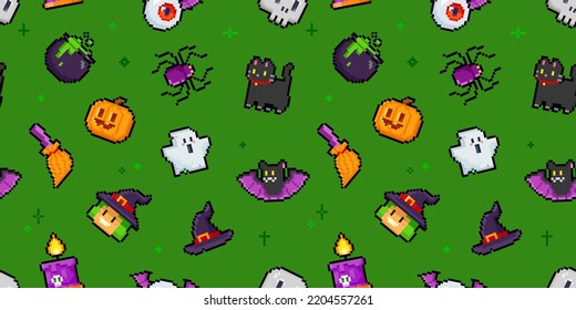 Pixel Art Green Halloween Seamless Pattern. 8-bit Witch, Ghost, Pumpkin, Bat, Night Cat And Other Characters In Retro Computer Game Style. Cute Endless Cartoon Background For Halloween Design