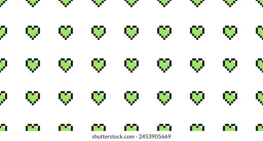 Pixel art green hearts on white background in grid seamless pattern