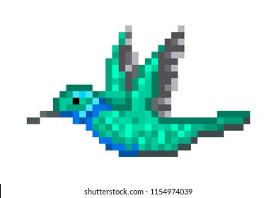 Pixel art green hummingbird isolated on white background. Colibri icon. Cute 8 bit bird logo. Retro vintage 80s; 90s slot machine/video game graphics. 