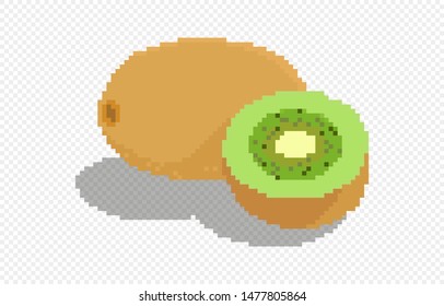 Pixel art green kiwi and half kiwi slice on transparency background vector illustration
